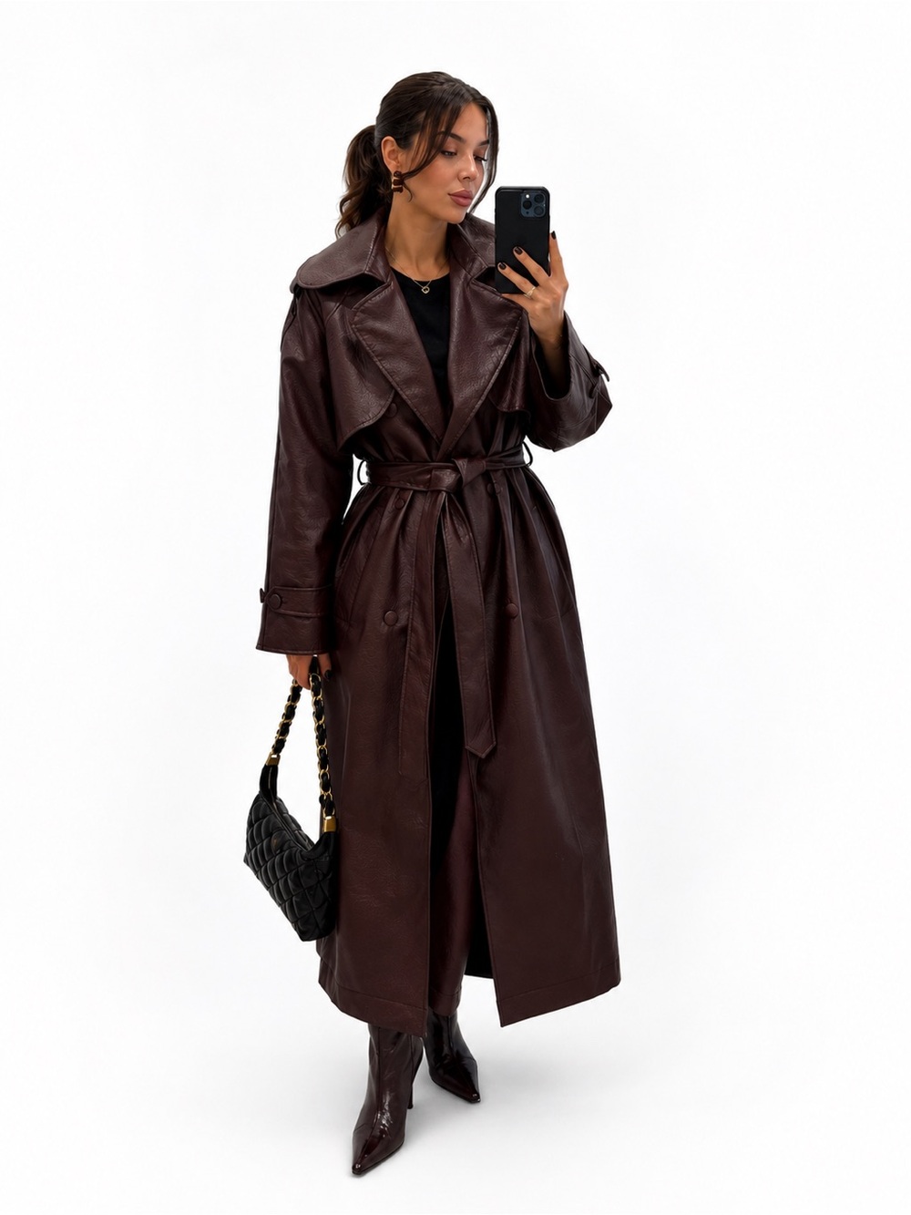 Burgundy Faux Leather Trench Coat Long Belted Jacket Women Oversized Fall